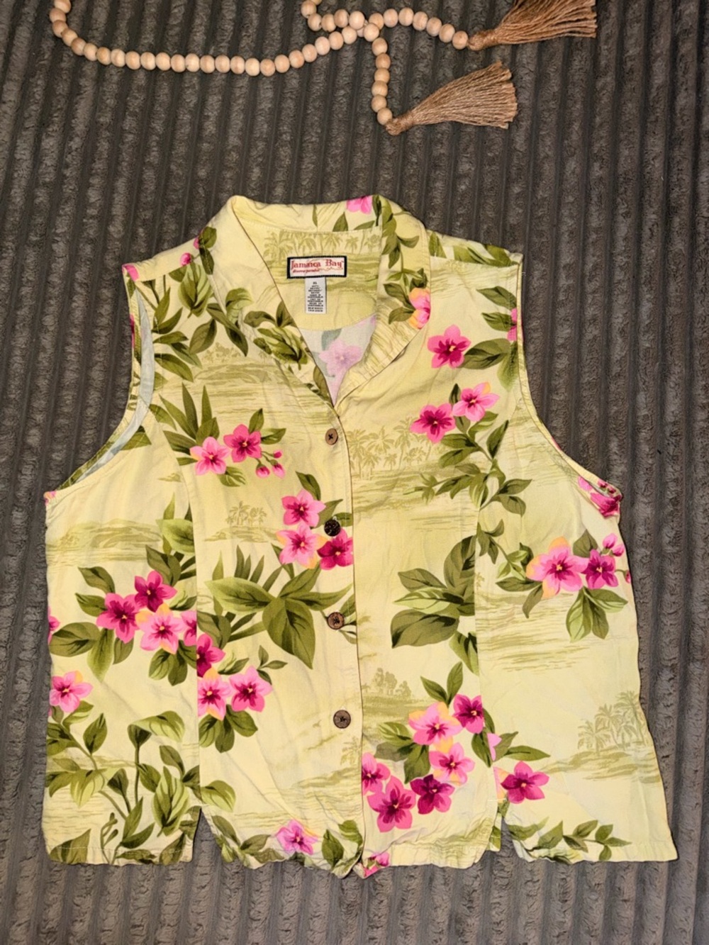 Tropical Floral Sleeveless Button-Up Top - Yellow with Pink Flowers